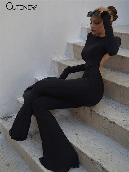 best Cutenew Solid Black Sexy Backless Bodycon Wide Leg Jumpsuit Women Autumn Casual Slim Long Sleeve O-Neck Playsuit Lady Streetwear 0 shop online at M2K Trends for