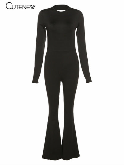 best Cutenew Solid Black Sexy Backless Bodycon Wide Leg Jumpsuit Women Autumn Casual Slim Long Sleeve O-Neck Playsuit Lady Streetwear 0 shop online at M2K Trends for