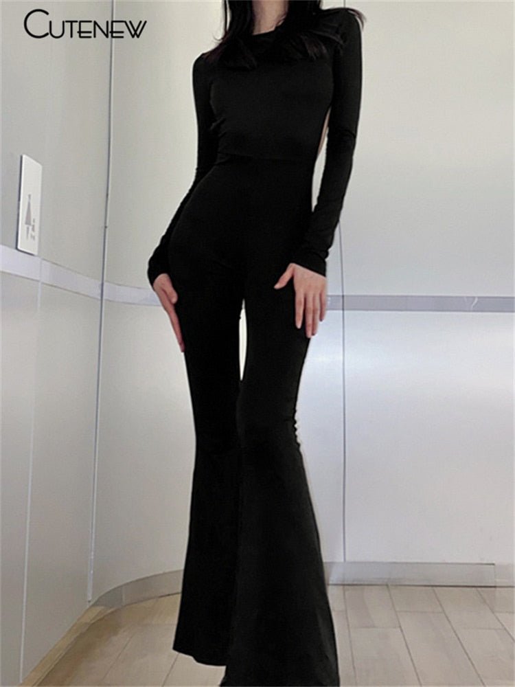 best Cutenew Solid Black Sexy Backless Bodycon Wide Leg Jumpsuit Women Autumn Casual Slim Long Sleeve O-Neck Playsuit Lady Streetwear 0 shop online at M2K Trends for