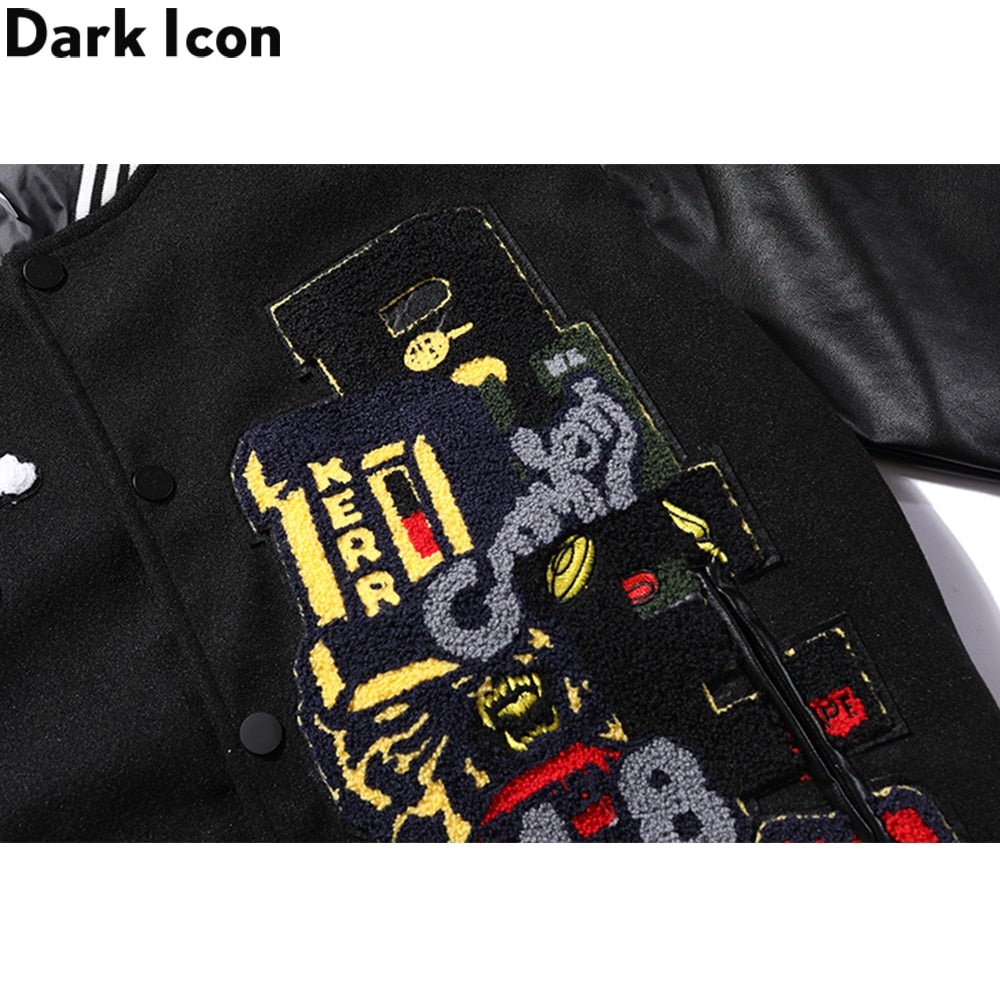 best Dark Icon PU Leather Patchwork Bomber Jacket Embroidery Padded Thick Winter Men's Jackets Baseball Jacket Man 0 shop online at M2K Trends for