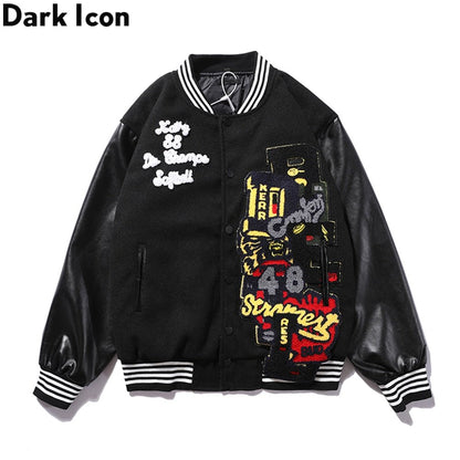 best Dark Icon PU Leather Patchwork Bomber Jacket Embroidery Padded Thick Winter Men's Jackets Baseball Jacket Man 0 shop online at M2K Trends for