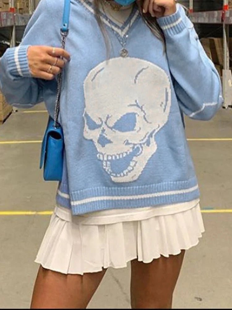 best Darlingaga Gothic Skull Print Autumn Winter Woman Sweaters Y2K Fashion Loose Pullover Harajuku Knitted Sweater Ladies Pull Femme shop online at M2K Trends for