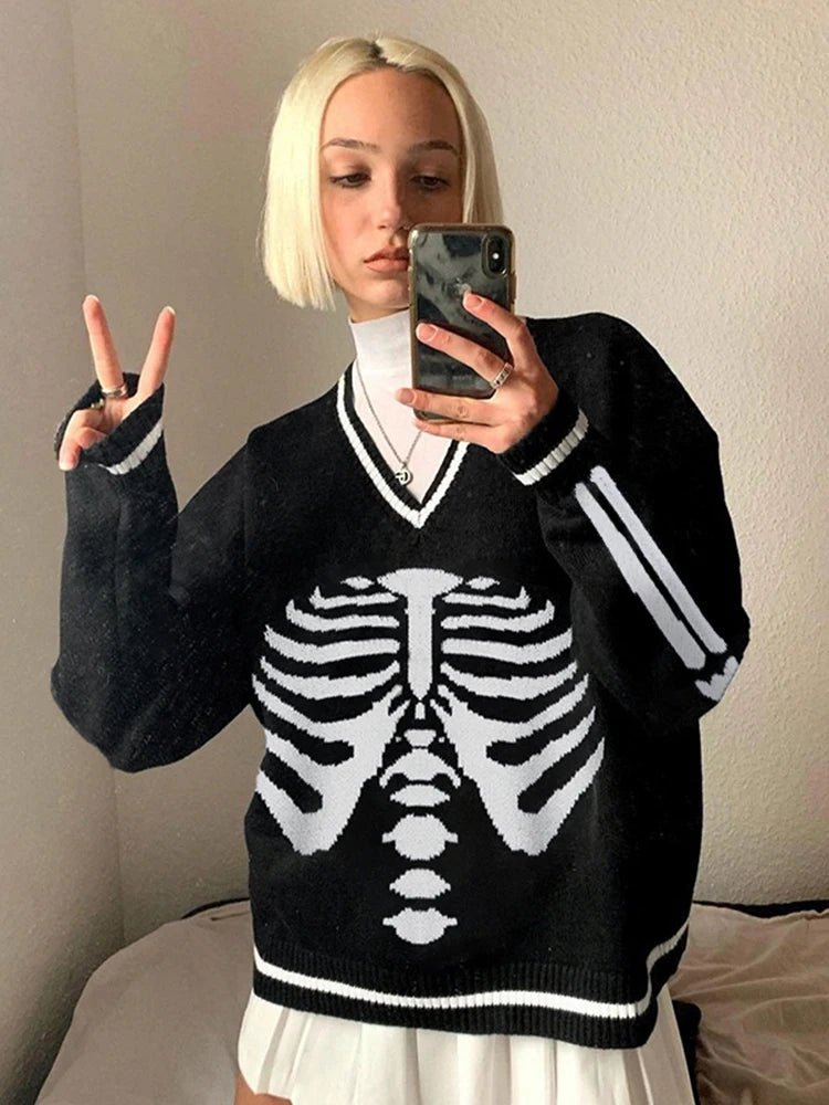 best Darlingaga Gothic Skull Print Autumn Winter Woman Sweaters Y2K Fashion Loose Pullover Harajuku Knitted Sweater Ladies Pull Femme shop online at M2K Trends for