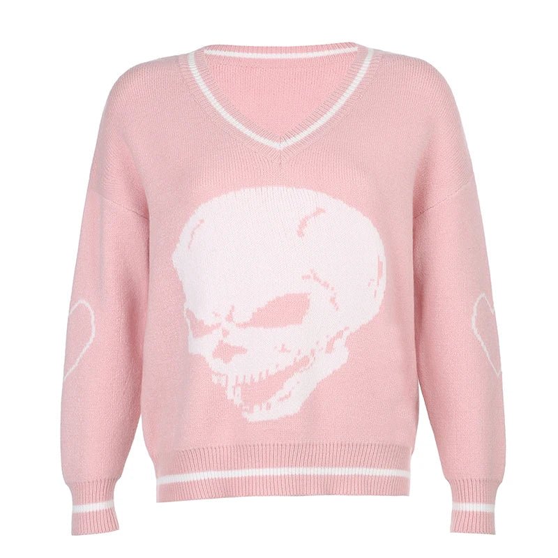 best Darlingaga Gothic Skull Print Autumn Winter Woman Sweaters Y2K Fashion Loose Pullover Harajuku Knitted Sweater Ladies Pull Femme shop online at M2K Trends for