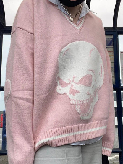 best Darlingaga Gothic Skull Print Autumn Winter Woman Sweaters Y2K Fashion Loose Pullover Harajuku Knitted Sweater Ladies Pull Femme shop online at M2K Trends for