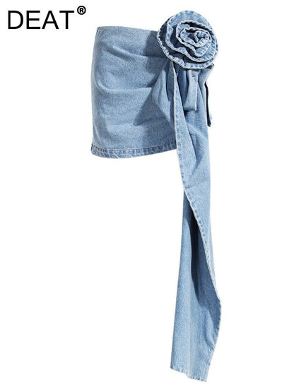 best DEAT Fashion Women's Skirt High Waist Three-dimensional Rose Flower Asymmetric Blue Denim Short Skirts Summer 2023 New 17A8357 0 shop online at M2K Trends for