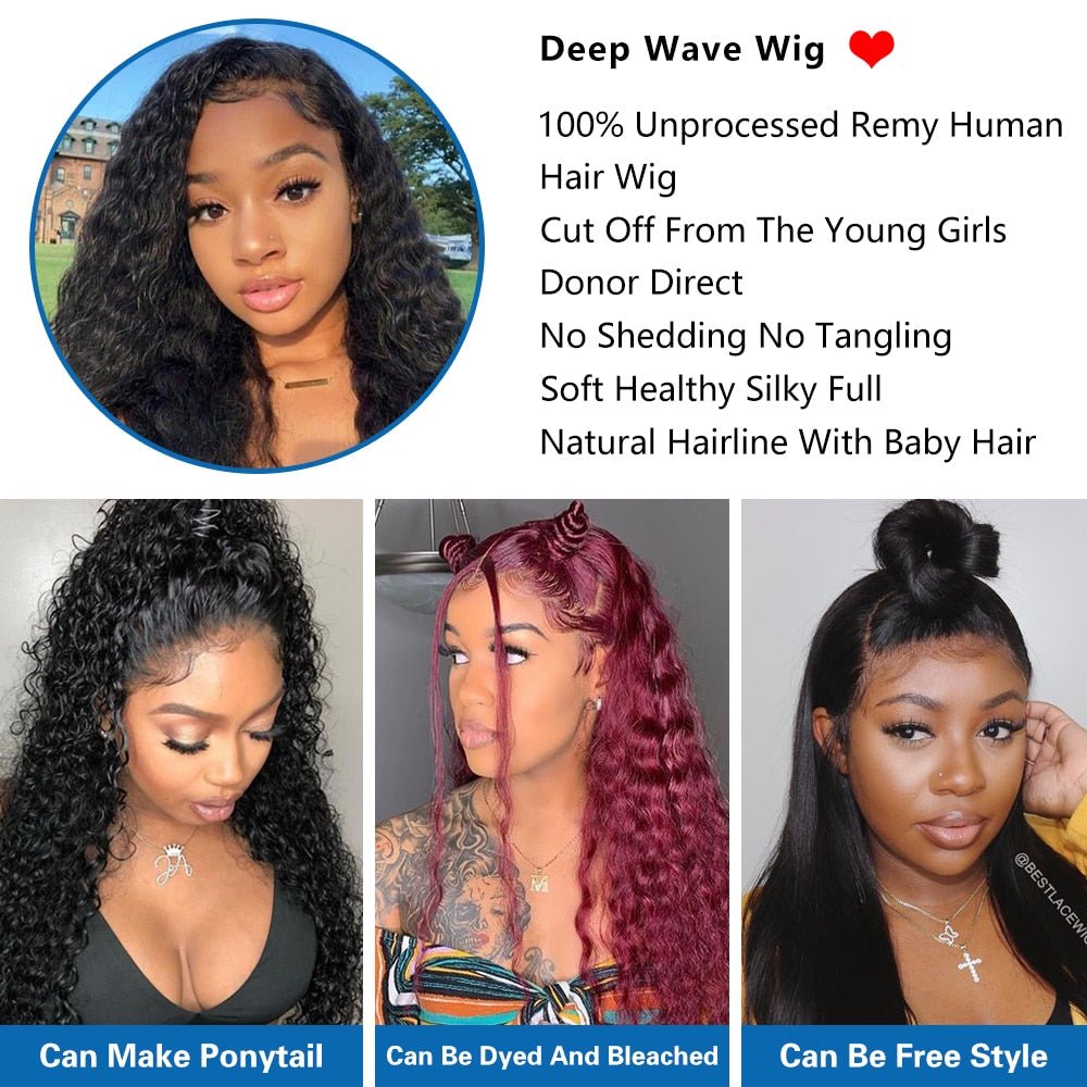 best Deep Wave Closure Wig Human Hair Wigs Lace Frontal 13x6 Lace Front Wig PrePlucked Bleached Knots Wigs 13x4 Deep Wave Frontal Wig hair shop online at M2K Trends for