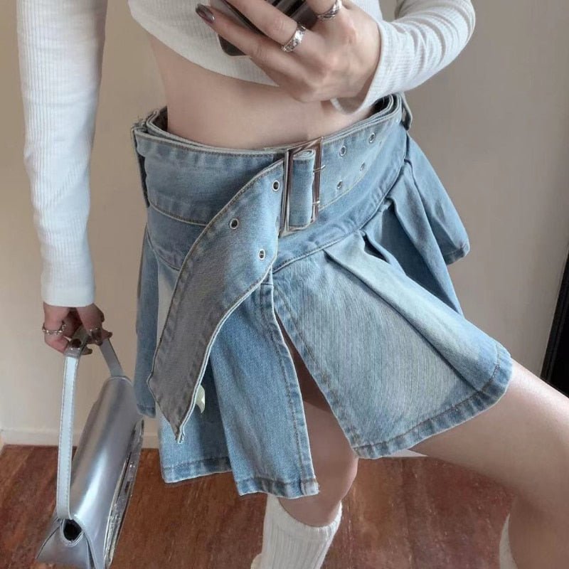 best Denim Mini Skirts Women Hotsweet Pleated Chic Summer Sexy with Belt Vintage Ruffles Streetwear Hip Hop Y2k Fashion Slit Designed 0 shop online at M2K Trends for