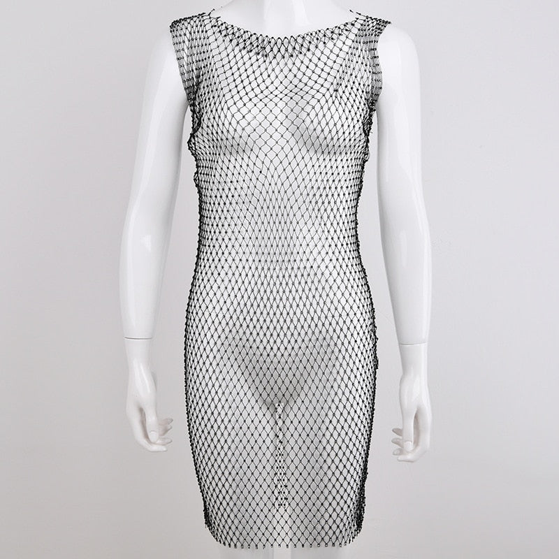 best Mesh Dress Women Hollow Out Rhinestone Sleeveless Party Mini Bodycon Dress Summer Fishnet Dresses 0 shop online at M2K Trends for