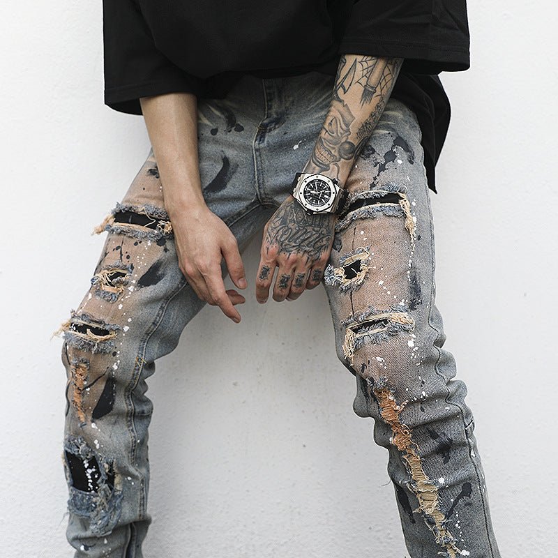 best Distressed And Ink-sprayed Small-footed Jeans With Ripped Patches 0 shop online at M2K Trends for