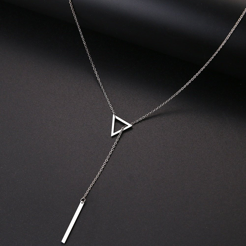 best Women Necklaces Innovation Double Pendant Long Chain Openwork Triangle and Baguette Stainless Steel Necklace 0 shop online at M2K Trends for