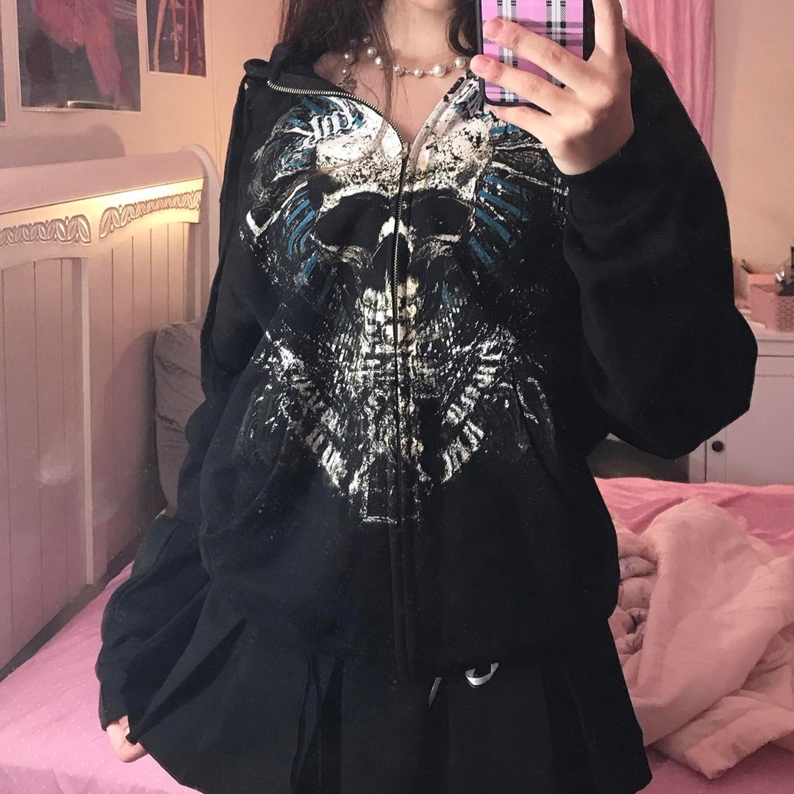 best Dourbesty Vintage Gothic Grunge Skull Print Zip Up Hoodies Dark Academia Harajuku Sweatshirts Autunm Aesthetic Coat Tops Y2k 0 shop online at M2K Trends for