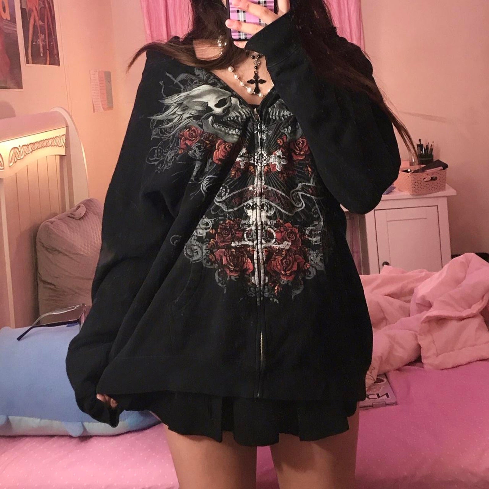 best Dourbesty Vintage Gothic Grunge Skull Print Zip Up Hoodies Dark Academia Harajuku Sweatshirts Autunm Aesthetic Coat Tops Y2k 0 shop online at M2K Trends for