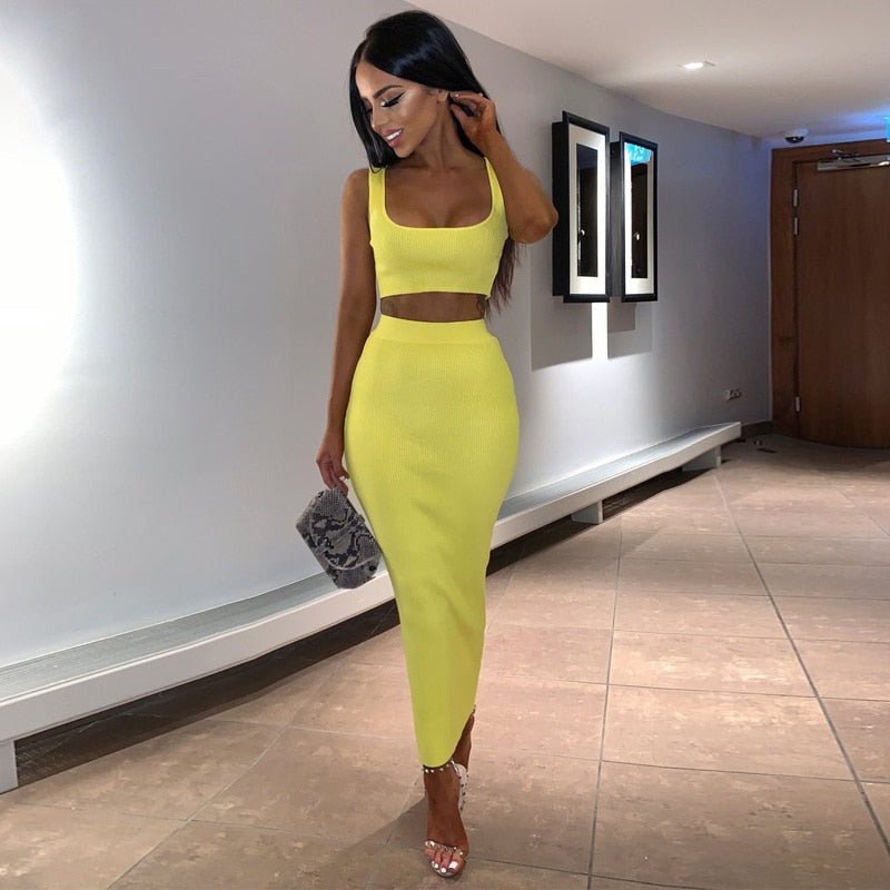 best Dulzura neon ribbed knitted women two piece matching co ord set crop top midi skirt sexy festival party 2021 summer clothing 0 shop online at M2K Trends for