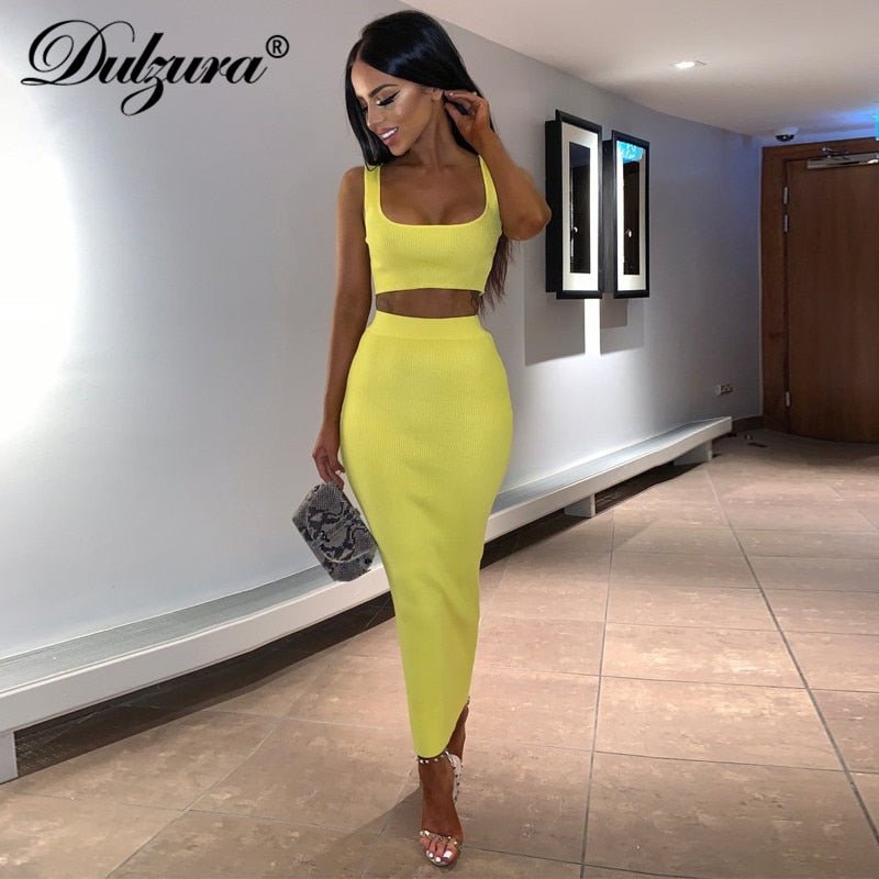 best Dulzura neon ribbed knitted women two piece matching co ord set crop top midi skirt sexy festival party 2021 summer clothing 0 shop online at M2K Trends for