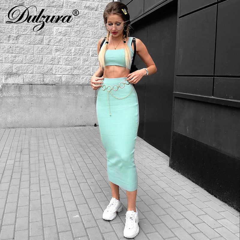 best Dulzura neon ribbed knitted women two piece matching co ord set crop top midi skirt sexy festival party 2021 summer clothing 0 shop online at M2K Trends for