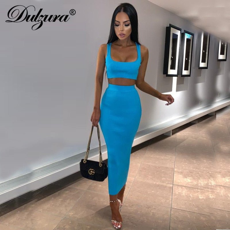 best Dulzura neon ribbed knitted women two piece matching co ord set crop top midi skirt sexy festival party 2021 summer clothing 0 shop online at M2K Trends for