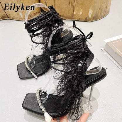 best Eilyken Fashion Summer Rhinestone Feather Women Sandals Lace-up Cross-Tied Sexy Gladiator Square Toe Ladies High Heel Shoes 0 shop online at M2K Trends for