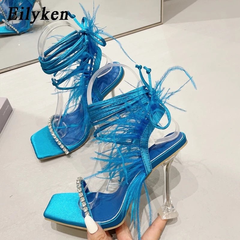 best Eilyken Fashion Summer Rhinestone Feather Women Sandals Lace-up Cross-Tied Sexy Gladiator Square Toe Ladies High Heel Shoes 0 shop online at M2K Trends for