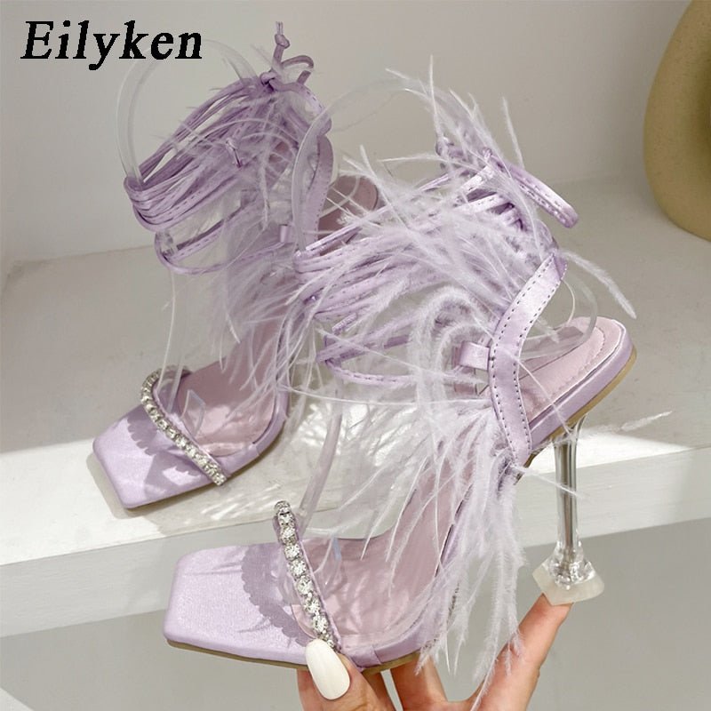 best Eilyken Fashion Summer Rhinestone Feather Women Sandals Lace-up Cross-Tied Sexy Gladiator Square Toe Ladies High Heel Shoes 0 shop online at M2K Trends for