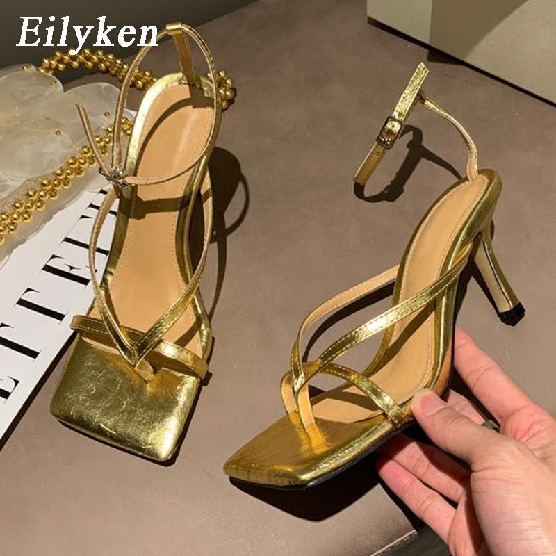 best Eilyken New Fashion Pinch Narrow Band Women Sandals 2023 Summer Square Open Toe Ankle Buckle Strap High Heels Ladies Shoes 0 shop online at M2K Trends for