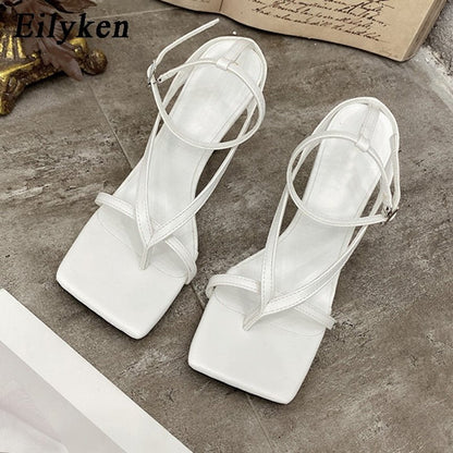 best Eilyken New Fashion Pinch Narrow Band Women Sandals 2023 Summer Square Open Toe Ankle Buckle Strap High Heels Ladies Shoes 0 shop online at M2K Trends for