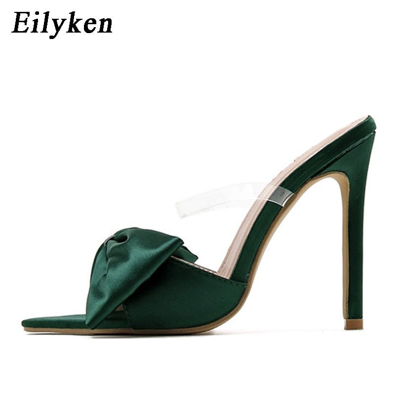 best Eilyken Silk Butterfly-knot Slippers Mule High Heels Women Sandals Flip Flops Pointed toe Strappy Slides Party Shoes 0 shop online at M2K Trends for