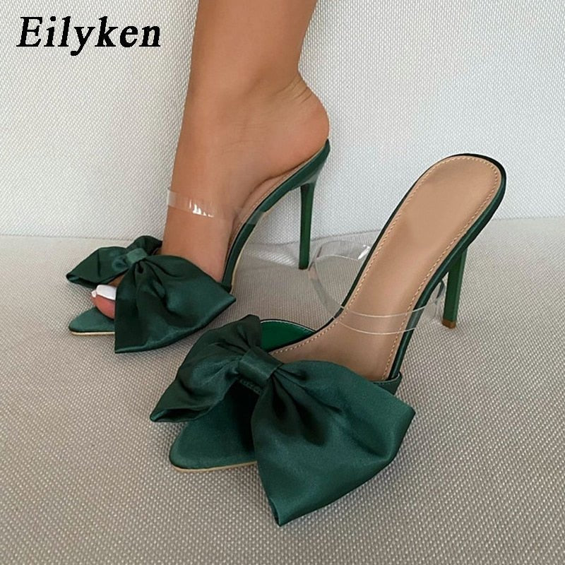 best Eilyken Silk Butterfly-knot Slippers Mule High Heels Women Sandals Flip Flops Pointed toe Strappy Slides Party Shoes 0 shop online at M2K Trends for