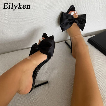 best Eilyken Silk Butterfly-knot Slippers Mule High Heels Women Sandals Flip Flops Pointed toe Strappy Slides Party Shoes 0 shop online at M2K Trends for