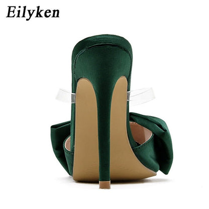 best Eilyken Silk Butterfly-knot Slippers Mule High Heels Women Sandals Flip Flops Pointed toe Strappy Slides Party Shoes 0 shop online at M2K Trends for