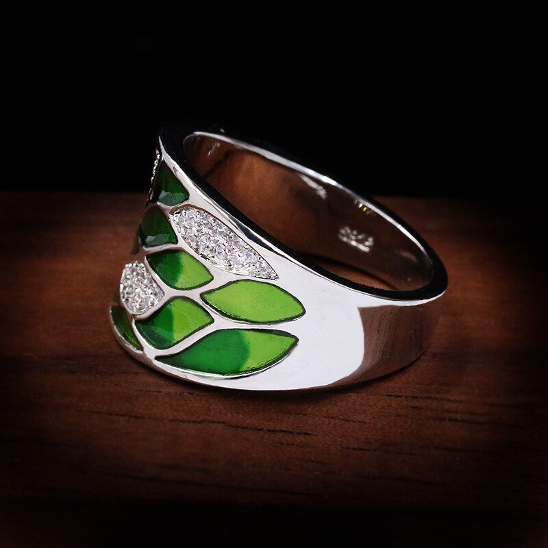 best Elegant Bohemian Style 925 Silver Green Leaf Enamel Ladies Ring Zircon Inlaid Wedding Ring Fashion Jewelry Flower Ring for Women Rings shop online at M2K Trends for