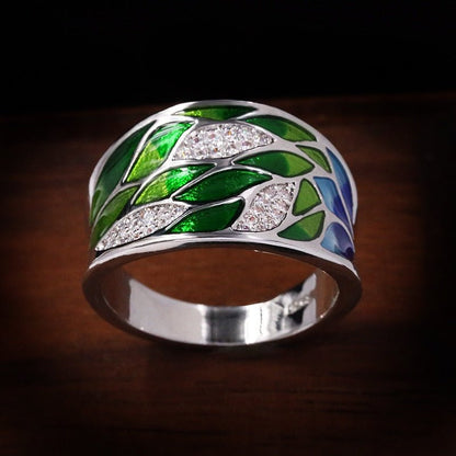 best Elegant Bohemian Style 925 Silver Green Leaf Enamel Ladies Ring Zircon Inlaid Wedding Ring Fashion Jewelry Flower Ring for Women Rings shop online at M2K Trends for