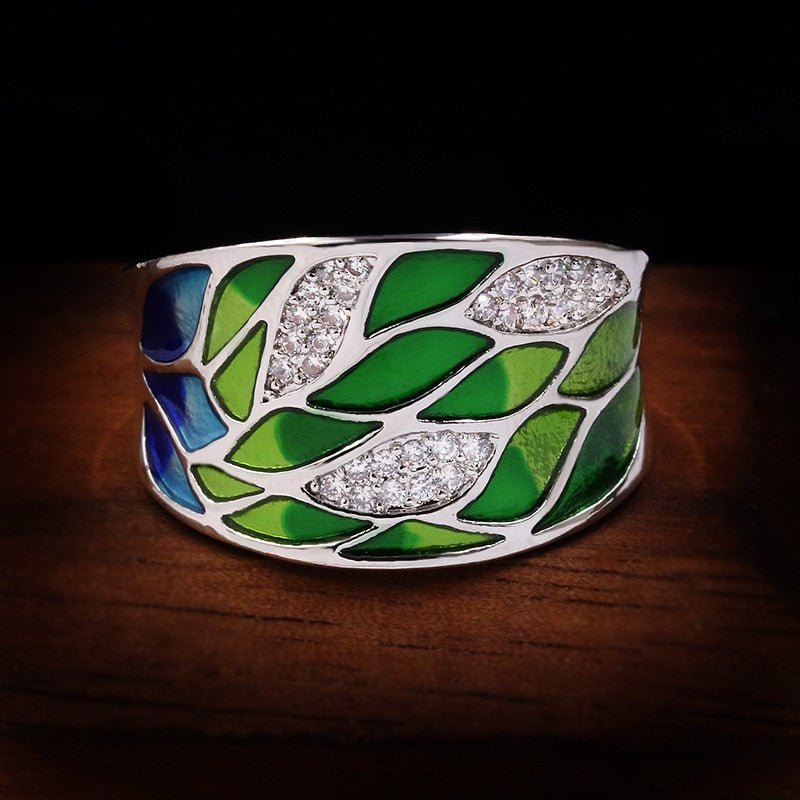 best Elegant Bohemian Style 925 Silver Green Leaf Enamel Ladies Ring Zircon Inlaid Wedding Ring Fashion Jewelry Flower Ring for Women Rings shop online at M2K Trends for