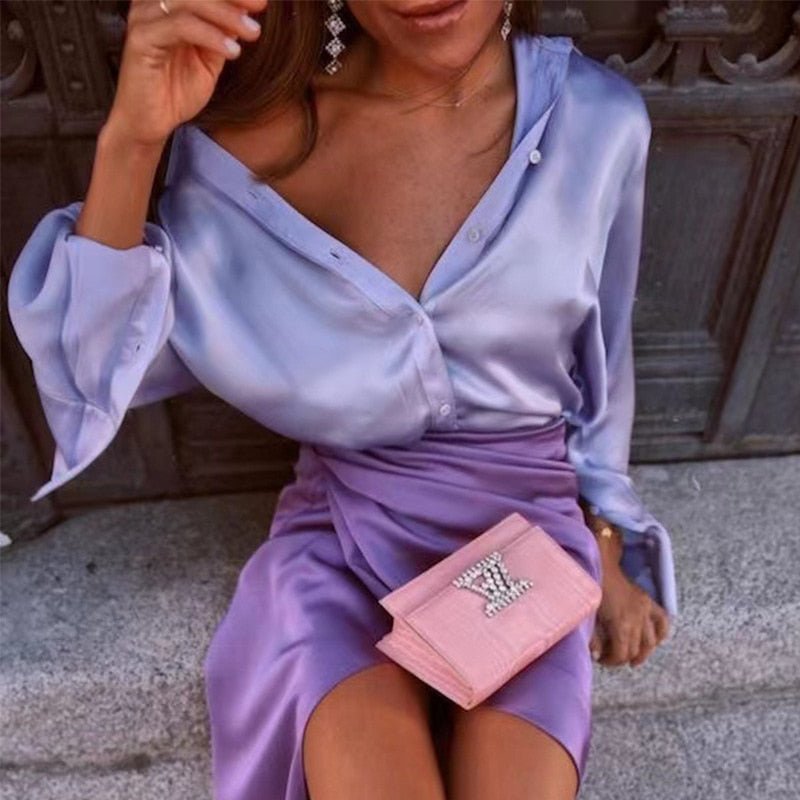 best Elegant Satin Long Sleeve Blouses Women 2022 Vintage Blue Green Silk Shirt Women Casual Loose Button Up Female Shirts Tops 18913 0 shop online at M2K Trends for