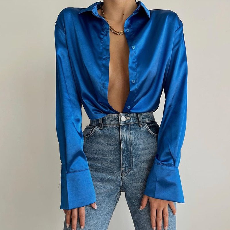 best Elegant Satin Long Sleeve Blouses Women 2022 Vintage Blue Green Silk Shirt Women Casual Loose Button Up Female Shirts Tops 18913 0 shop online at M2K Trends for