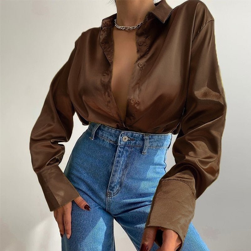 best Elegant Satin Long Sleeve Blouses Women 2022 Vintage Blue Green Silk Shirt Women Casual Loose Button Up Female Shirts Tops 18913 0 shop online at M2K Trends for