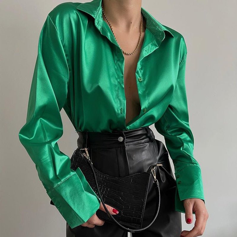 best Elegant Satin Long Sleeve Blouses Women 2022 Vintage Blue Green Silk Shirt Women Casual Loose Button Up Female Shirts Tops 18913 0 shop online at M2K Trends for