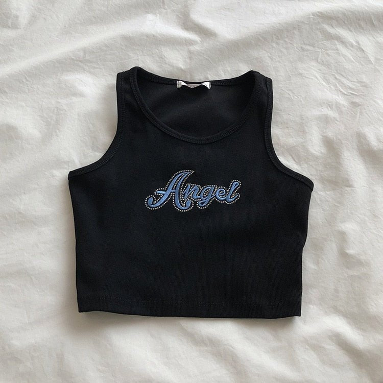 best Embroidered Letters High Waist Crop Top Women Breathable Camisole Ribbed Solid Color Streetwear Y2K Gyaru Clothing Tank Top 0 shop online at M2K Trends for