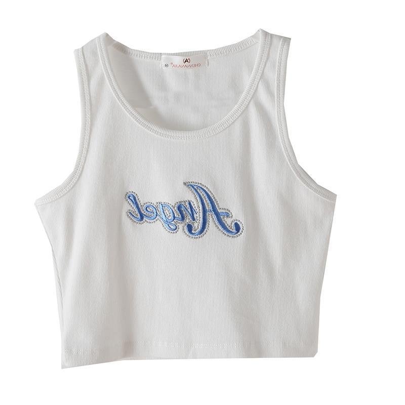 best Embroidered Letters High Waist Crop Top Women Breathable Camisole Ribbed Solid Color Streetwear Y2K Gyaru Clothing Tank Top 0 shop online at M2K Trends for