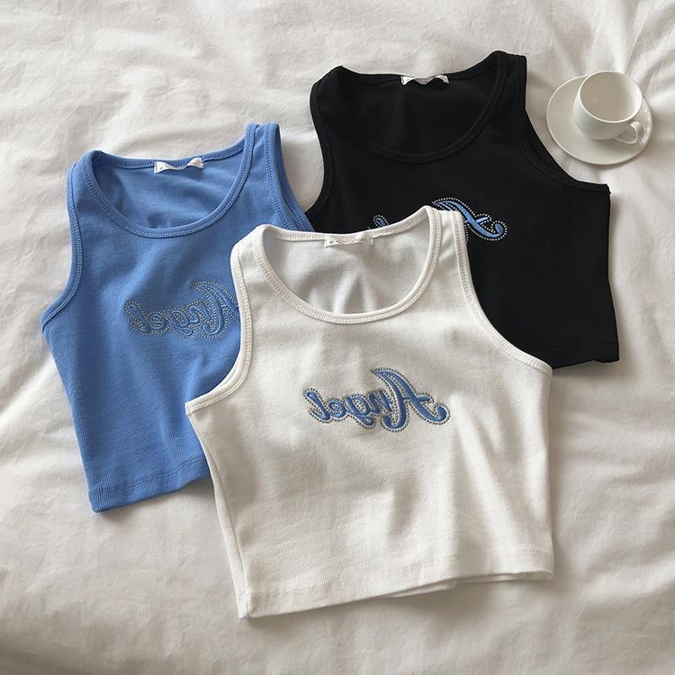 best Embroidered Letters High Waist Crop Top Women Breathable Camisole Ribbed Solid Color Streetwear Y2K Gyaru Clothing Tank Top 0 shop online at M2K Trends for