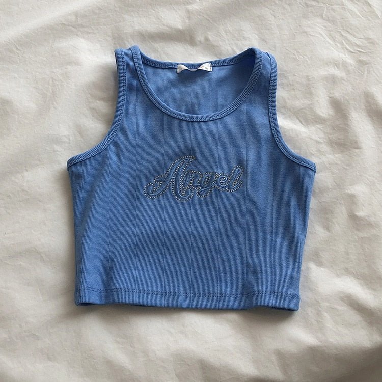 best Embroidered Letters High Waist Crop Top Women Breathable Camisole Ribbed Solid Color Streetwear Y2K Gyaru Clothing Tank Top 0 shop online at M2K Trends for