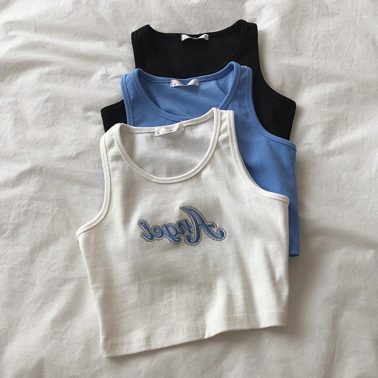 best Embroidered Letters High Waist Crop Top Women Breathable Camisole Ribbed Solid Color Streetwear Y2K Gyaru Clothing Tank Top 0 shop online at M2K Trends for