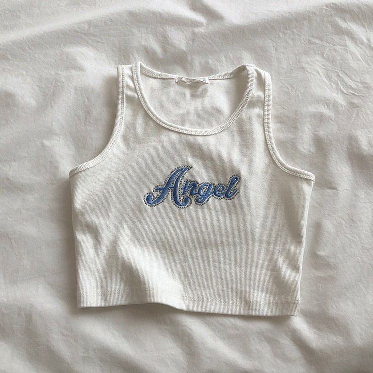 best Embroidered Letters High Waist Crop Top Women Breathable Camisole Ribbed Solid Color Streetwear Y2K Gyaru Clothing Tank Top 0 shop online at M2K Trends for