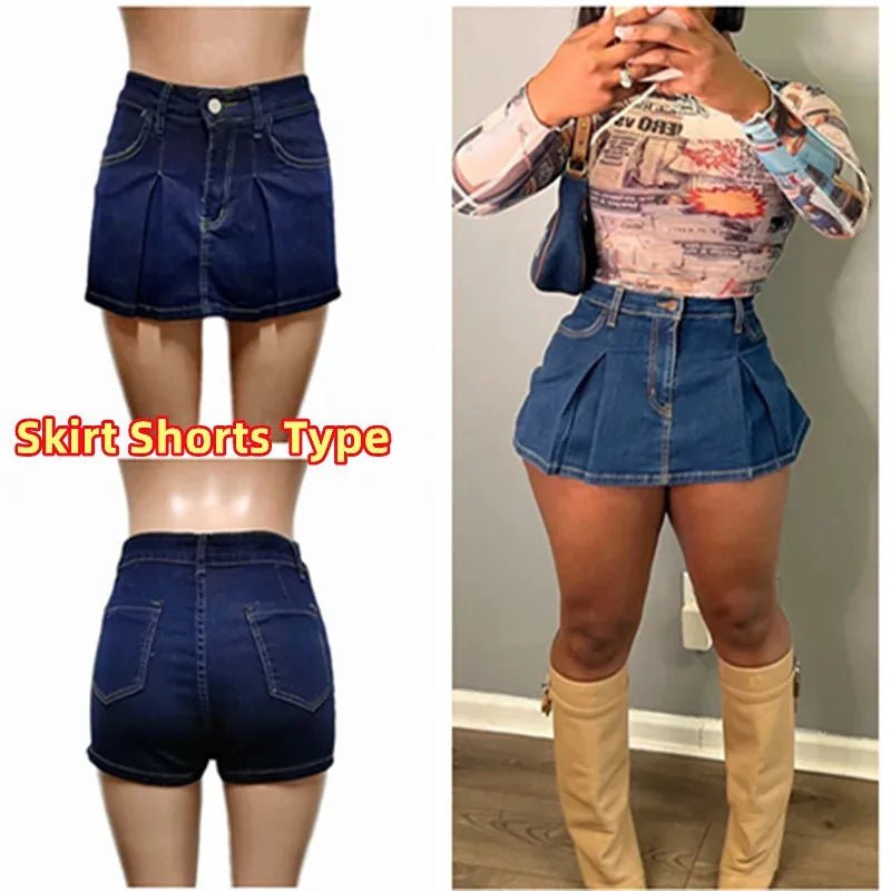 best FAGADOER Y2k Denim Shorts Women Pleated Skirt Shorts Summer Stretchy Casual Shorts Retro 90s Fashion Streetwear Short Pants shop online at M2K Trends for