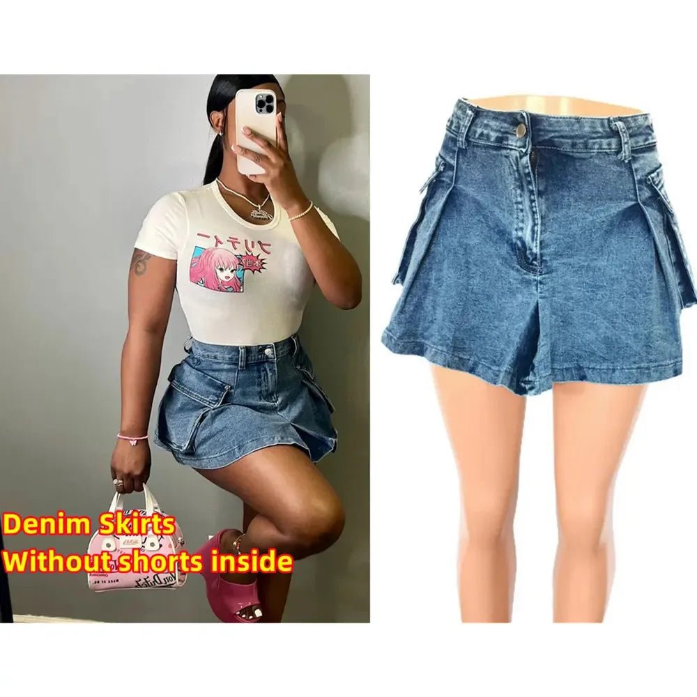 best FAGADOER Y2k Denim Shorts Women Pleated Skirt Shorts Summer Stretchy Casual Shorts Retro 90s Fashion Streetwear Short Pants shop online at M2K Trends for
