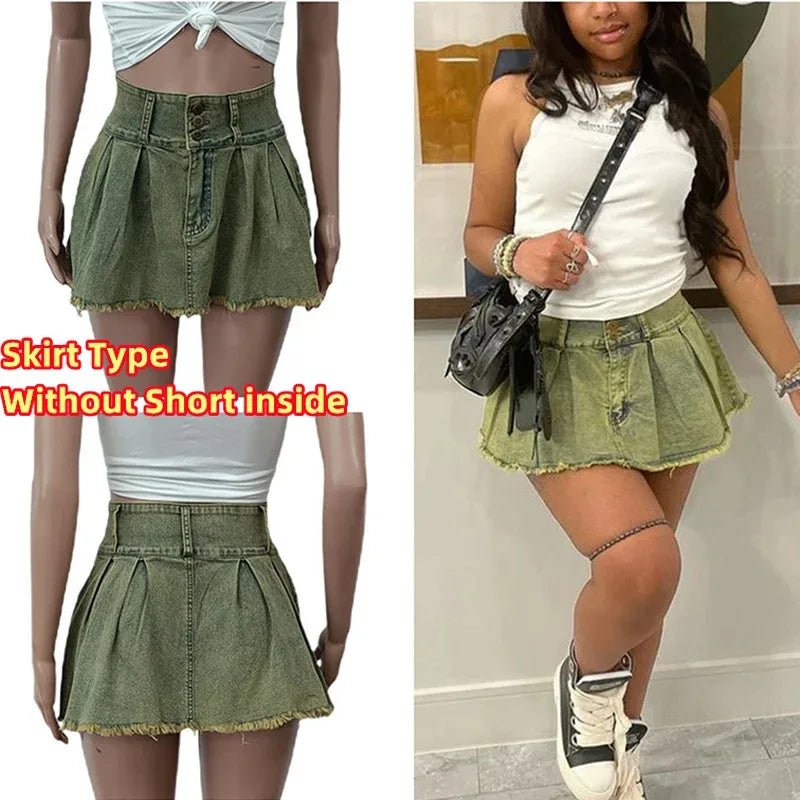 best FAGADOER Y2k Denim Shorts Women Pleated Skirt Shorts Summer Stretchy Casual Shorts Retro 90s Fashion Streetwear Short Pants shop online at M2K Trends for