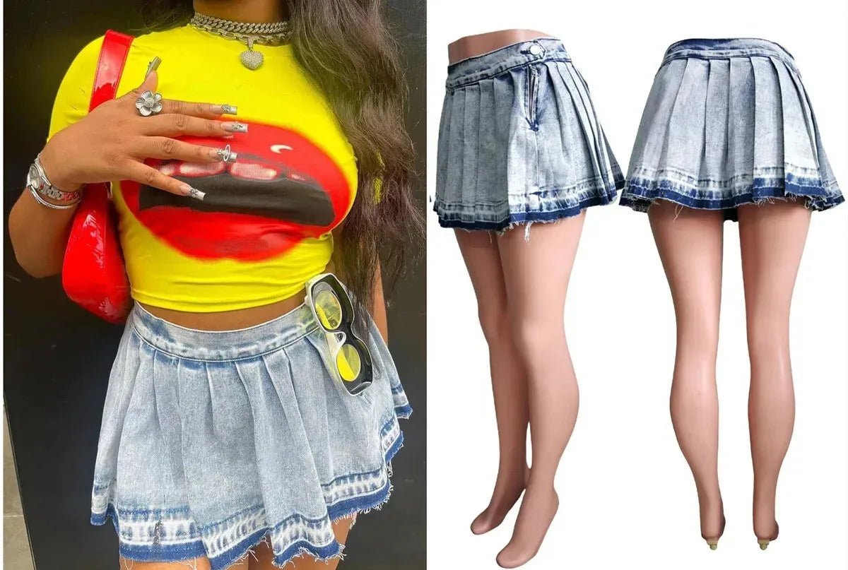 best FAGADOER Y2k Denim Shorts Women Pleated Skirt Shorts Summer Stretchy Casual Shorts Retro 90s Fashion Streetwear Short Pants shop online at M2K Trends for