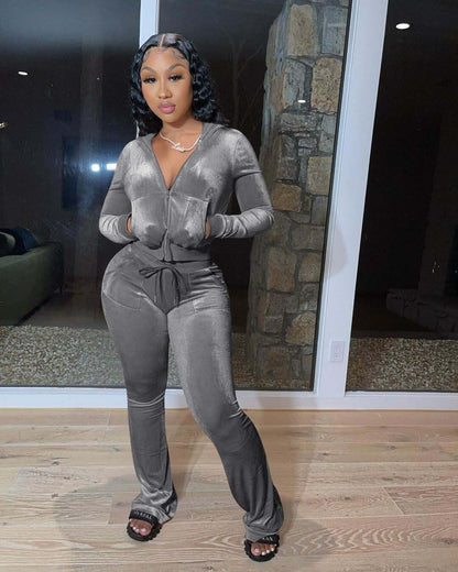 best Fall Casual Black Matching Sets 2 Two Piece Sets Velvet Tracksuit Womens For Sweatsuits Outfits Zipper Tops Pants Suits 0 shop online at M2K Trends for