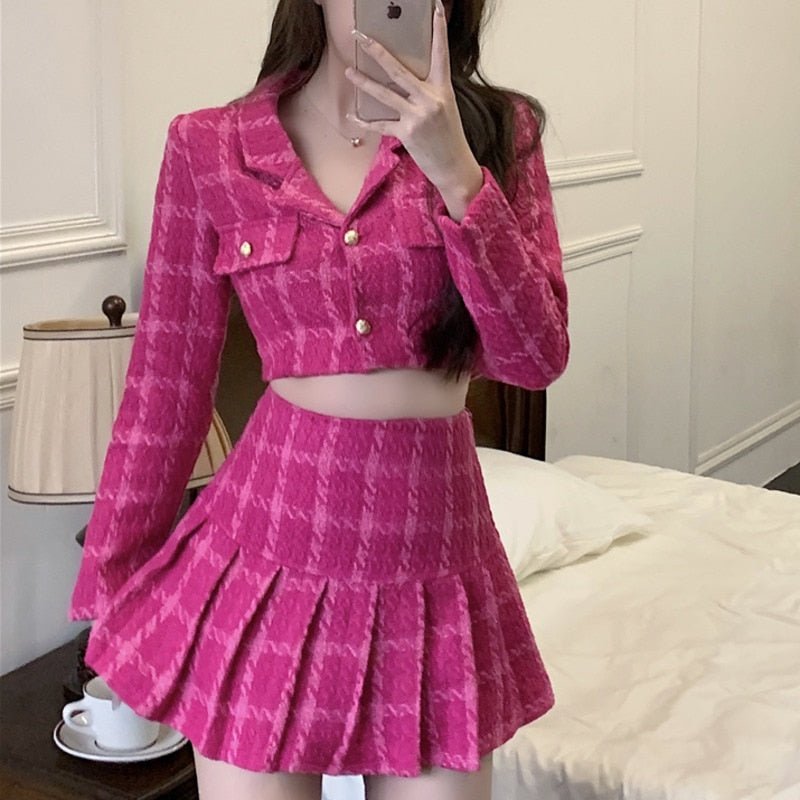 best Fall Small Fragrance Vintage Tweed Two Piece Set Women Crop Top Woolen Short Jacket Coat + Mini Skirts Sets Sweet 2 Piece Suits 0 shop online at M2K Trends for