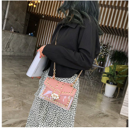 best Fashion Messenger Bag Chain Female Rivets Transparent Square Pvc Handbag Clear Jelly Bag Shoulder Bag shop online at M2K Trends for